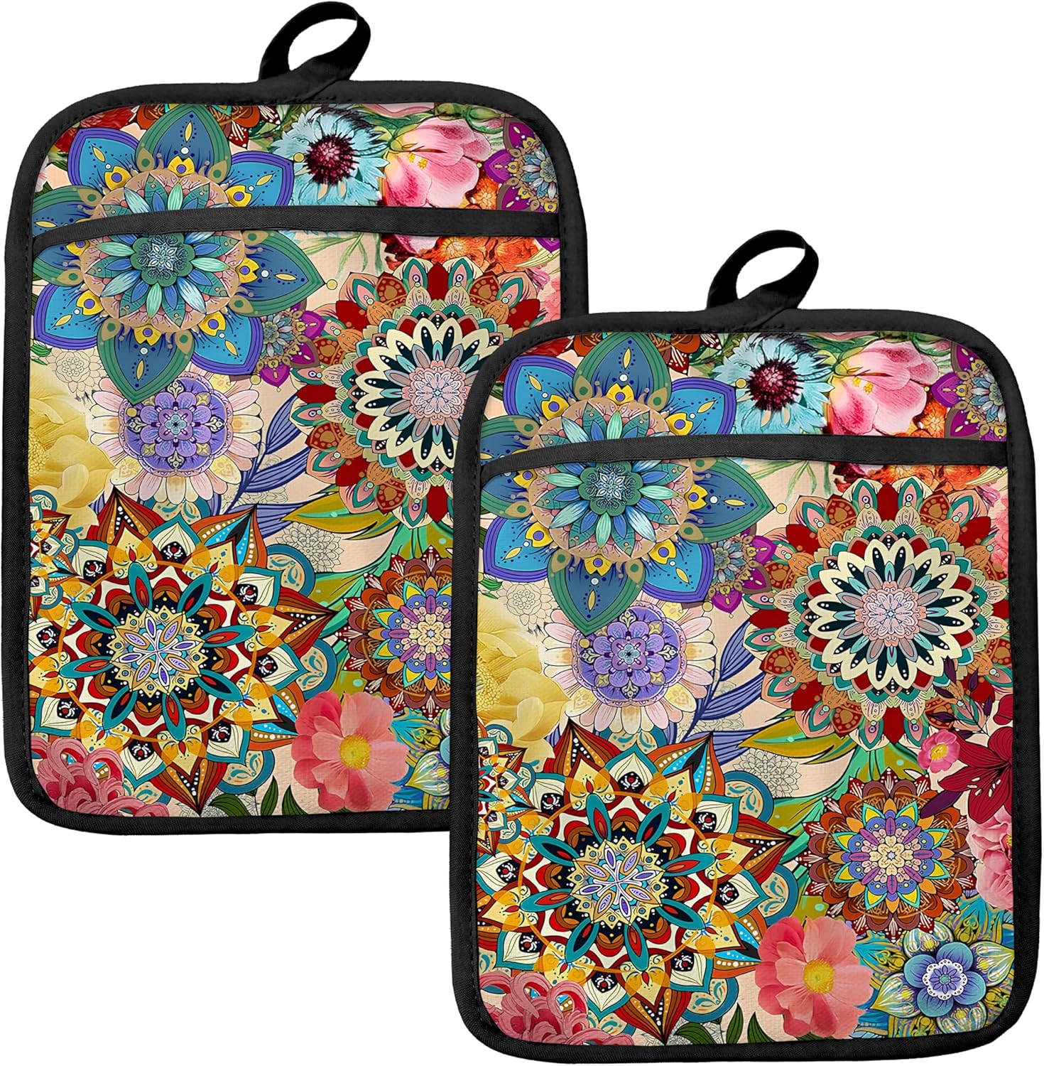 Heat Resistant Glove - Boho Floral Oven Mitts Set, Vintage