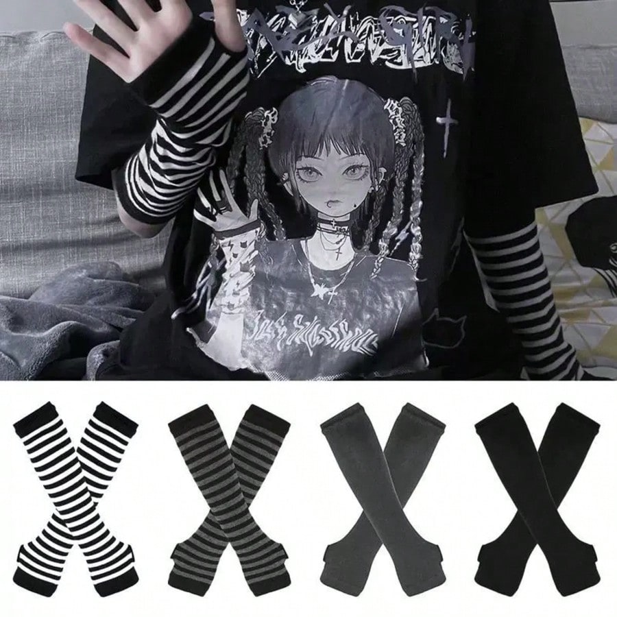 1 Pair Y2K Punk Striped Knitte - مراجعة Fingerless Glove Knit وسعره