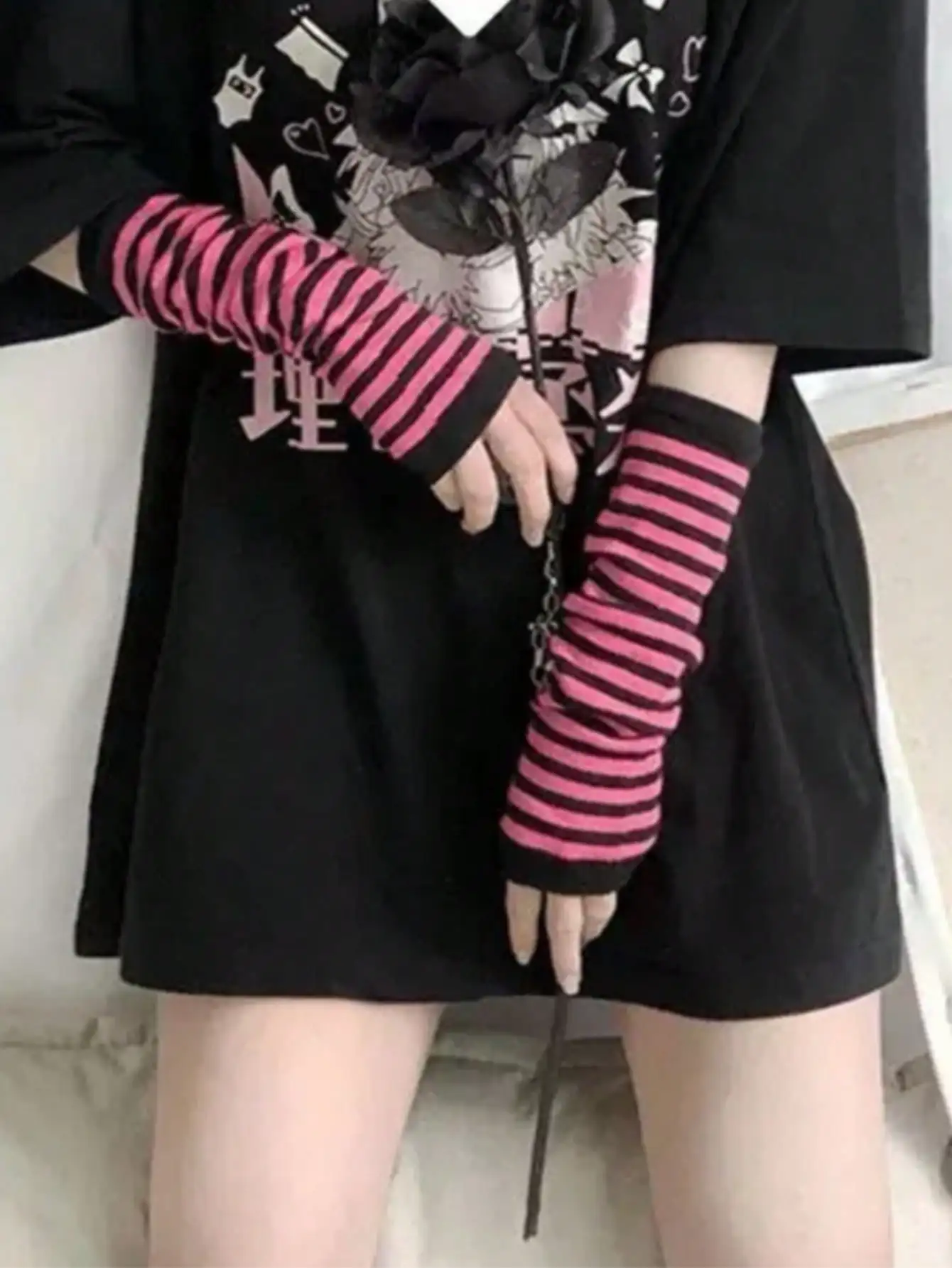 1 Pair Y2K Punk Striped Knitte - مراجعة Fingerless Glove Knit وسعره