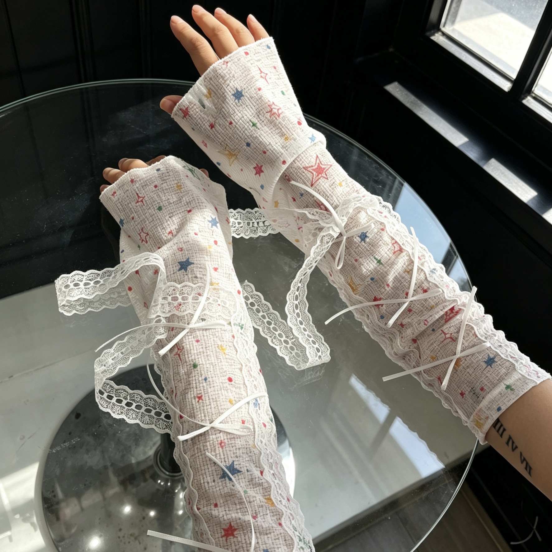 Kawaii Star Print Lace Arm Sle - مراجعة Fingerless Glove Knit وسعره